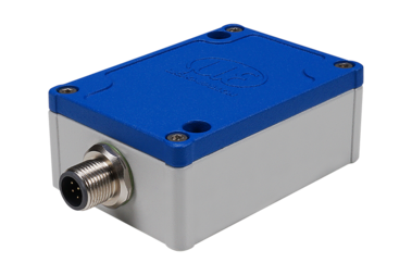Gray connection box with blue cover and side-mounted M12 connector
